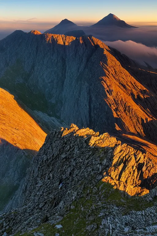 Prompt: Crib Goch!!!!!!!! ridge, rays, epic, cinematic, climbing, photograph, atmospheric, dawn, golden hour