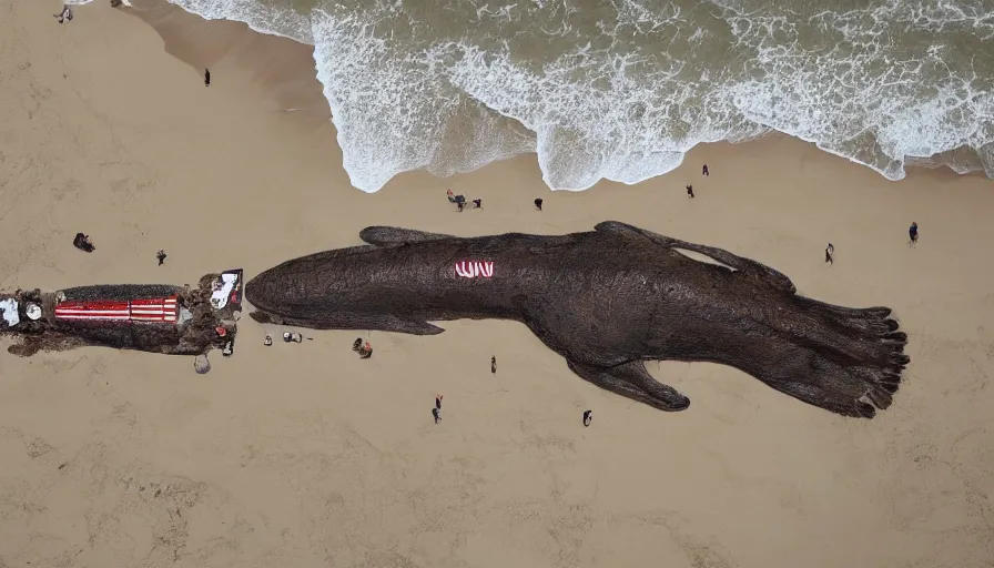 Image similar to CNN news footage taken from above. A huge creature is washed up on the beach.