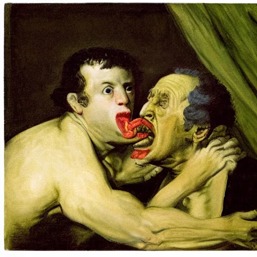 Prompt: painting of Joe Biden (Cronus) devouring Mitch McConnell (his son), by Goya
