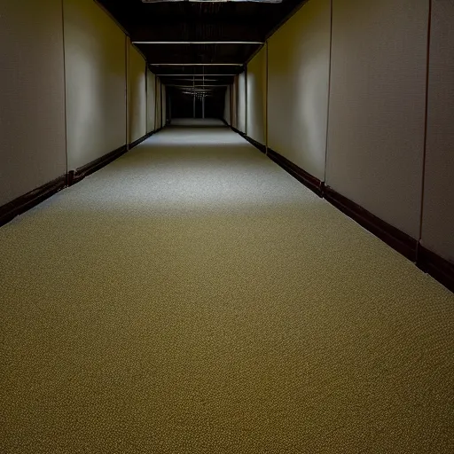 Image similar to Backrooms, old moist carpet, mono-yellow, fluorescent lights, randomly segmented rooms, eerie