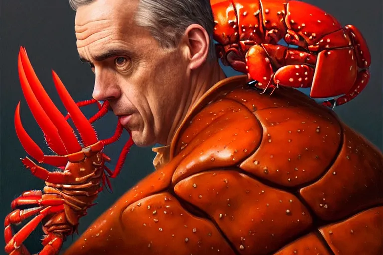 Image similar to portrait of jordan peterson, wearing a lobster suit, oil painting elegant, highly detailed, centered, digital painting, artstation, concept art, smooth, sharp focus, illustration, artgerm, tomasz alen kopera, peter mohrbacher, donato giancola, joseph christian leyendecker drew struzan