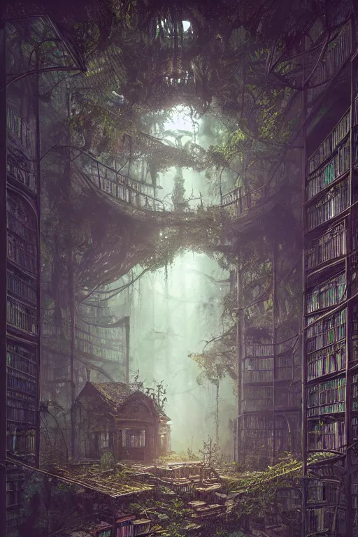 Prompt: a ( ( decaying magical library ) ) with a rainforest growing inside, highly detailed, intricate detail, realistic shaded lighting, dramatic scenery, beautiful, trending on artstation, by greg rutkowski and simon stalenhag