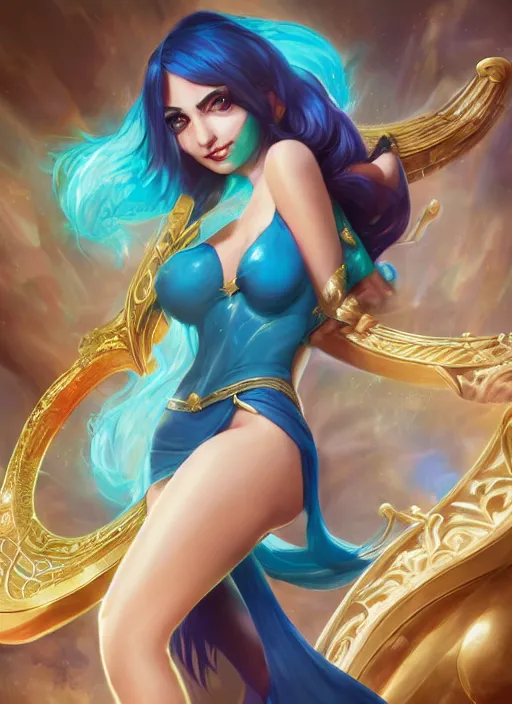 Image similar to sona, from league of legends, with an harp, au naturel, with abs, hyper detailed, digital art, trending in artstation, cinematic lighting, studio quality, smooth render, unreal engine 5 rendered, octane rendered, art style by klimt and nixeu and ian sprigger and wlop and krenz cushart