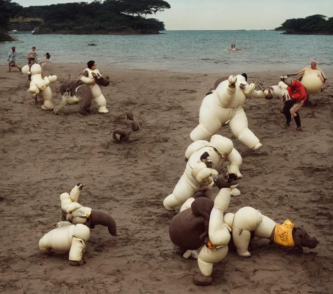 Prompt: a 3 5 mm photography, kodachrome colour of grandpas fighting with white michelin man costume, hippos and alien plants around, beach and sunset backlight, photos taken by martin parr with strong flash on camera