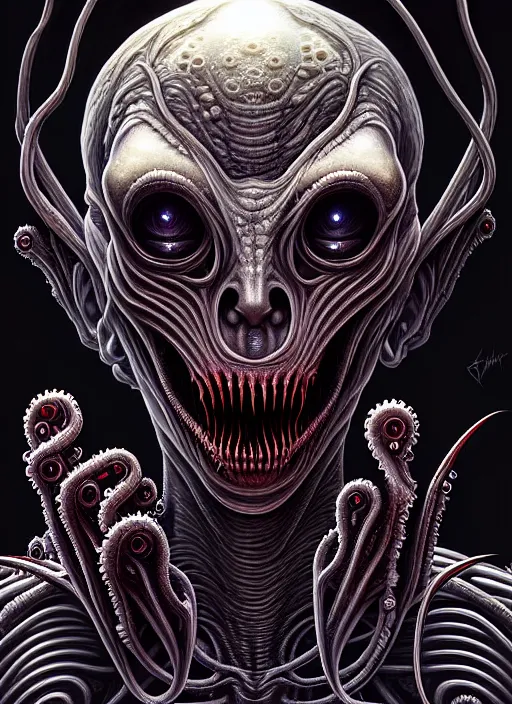 Image similar to symmetry!! portrait of gruesome alien, cosmic horror!! lovecraftian horror, intricate, horror!! highly detailed, digital painting, artstation, giger concept art, smooth, sharp focus, illustration, art by artgerm and greg rutkowski and junji ito, 8 k