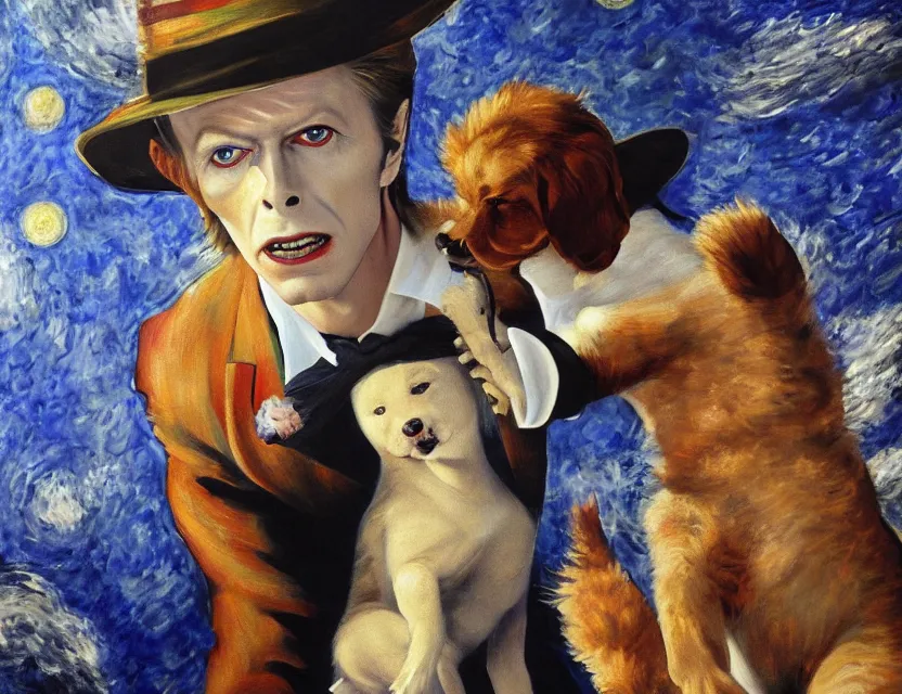 Prompt: an oil painting of david bowie wearing a fedora, kicking a puppy on the moon. painted by monet. baroque elements. baroque element. intricate artwork by caravaggio. oil painting. oil on canvas. award winning. dramatic. trending on artstation. 8 k