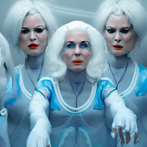 Image similar to troop of freak show women with white hair, white hair, tight light blue neopren suits, futuristic production facility, sci - fi, highly detailed, cinematic