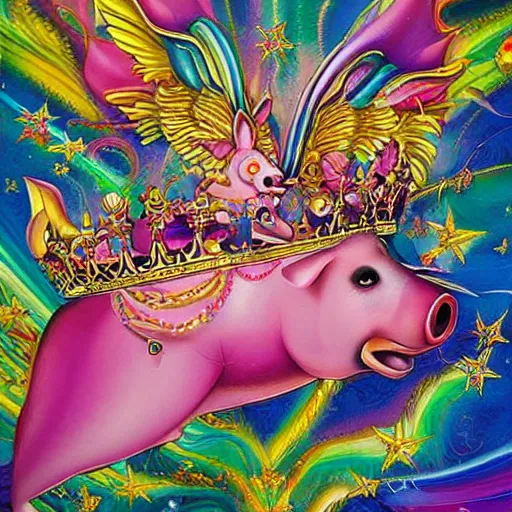 Prompt: lisa frank flying pigs wearing a gold crown painting by android jones