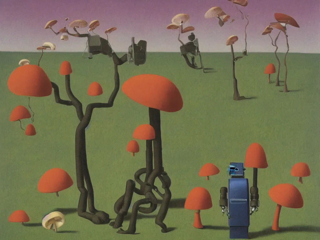 Prompt: surrealist painting of an single old robot leaning against a tree, mushrooms, award winning, classic painting, robot takes up most of the space, by Rene Magritte