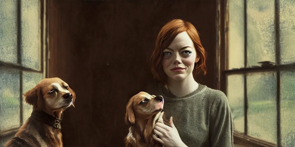 Image similar to portrait bust of emma stone petting a dog, solemn expression, faded color film, russian cinema, tarkovsky, kodachrome, old cabin, next to window, heavy forest outside, long brown hair, old clothing, heavy fog, hudson river school, 4 k, dramatic lighting, greg rutkowski