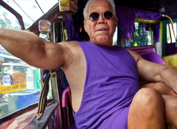 Prompt: thanos wearing a tanktop in a jeepney, real life photograph, award winning photograph, 4 k, high definition