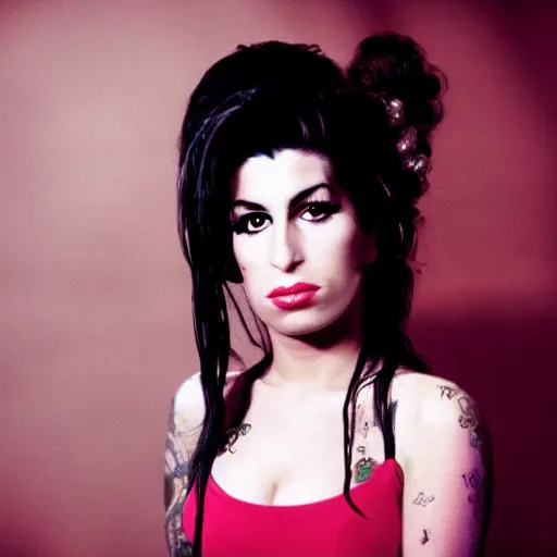 Prompt: close up photo of Amy Winehouse, makeup, beautiful lighting, old film,