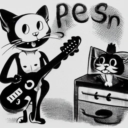 Image similar to cat playing guitar, rubber hose, felix the cat, pie eyes, 1 9 3 0 s, bw