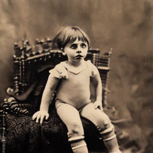 Prompt: a photo of young sad victorian gothic child with big eyes and wide grin sitting on a sofa of bones surrounded by a cyber futuristic cityscape made of human body parts, color, 5 0 mm, award winning photography