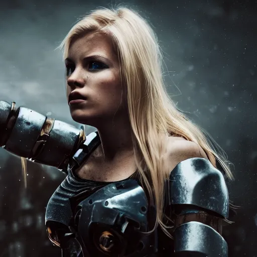 Image similar to beautiful blond cyborg girl in full battle gear in a destroyed city, moody lighting, 8 k, shallow depth of field, cinematic lighting,