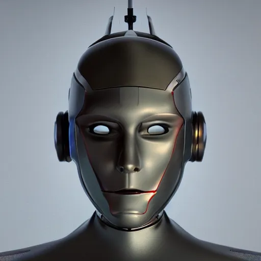 Image similar to an amazing robot-helmet, robotic head-bust portrait, of a sci-fi, human robot hybrid with weaponized systems built into the 3d helmet, cgi, zbrush, blender, octane render