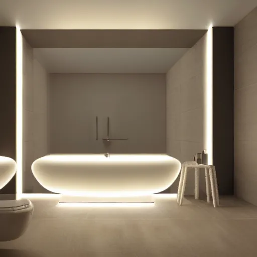 Image similar to bathroom with warm white led strip lighting, photorealistic, product render