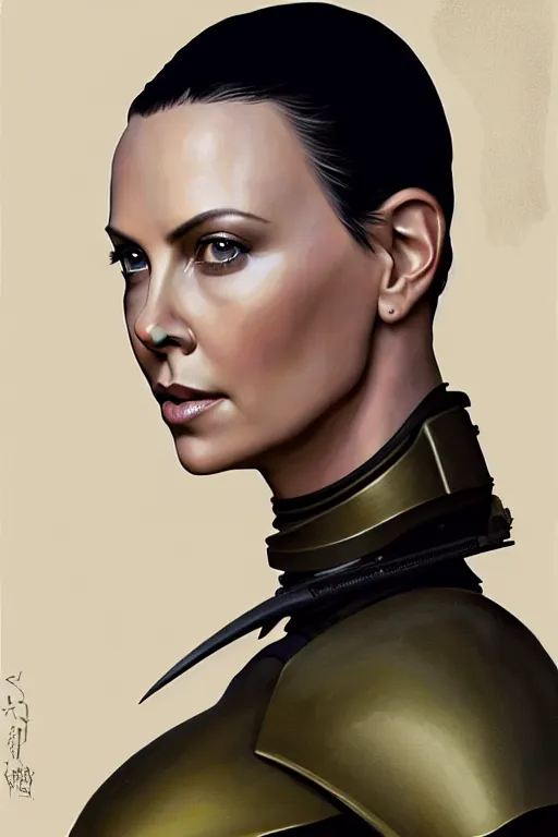 Image similar to a photorealistic painting of Charlize Theron, partially clothed in stealth armor, olive skin, long dark hair, beautiful bone structure, symmetrical face, perfect eyes, intricate, elegant, digital painting, concept art, illustration, sharp focus, minimal artifacts, from Valerian and the City of a Thousand Planets, in the style of Ruan Jia and Mandy Jurgens and Greg Rutkowski, trending on Artstation, award winning