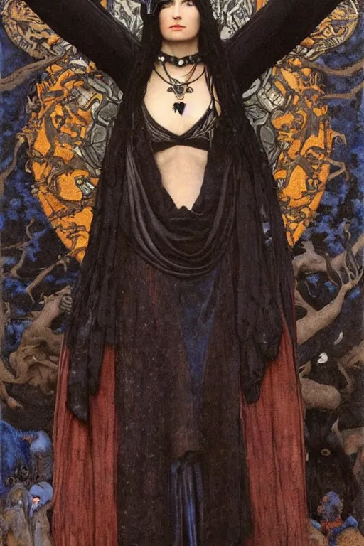 Image similar to a raven dressed as a goth shaman, by Annie Swynnerton and Nicholas Roerich and John Bauer and jean delville and John William Godward and Donato Giancola and Vermeer, black leather and embroidered velvet, iridescent beetles, rich color, dramatic cinematic lighting, featured on Artstation, extremely detailed