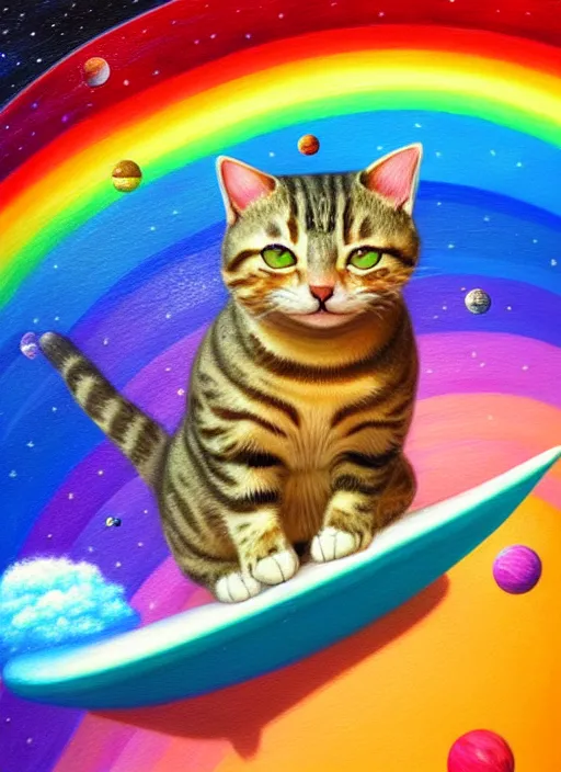 Prompt: a cute chubby tabby cat surfing on a rainbow in outer space, diffuse lighting, detailed face, fantasy, intricate, surrealism!!!!, highly detailed, lifelike, photorealistic, digital painting, artstation, illustration, concept art, smooth, sharp focus,