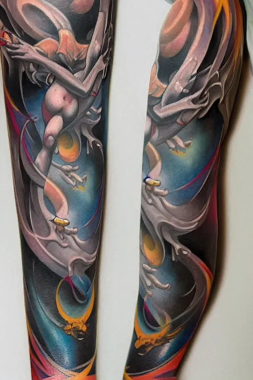 Image similar to tattoo arm sleeves by mc escher and peter mohrbacher