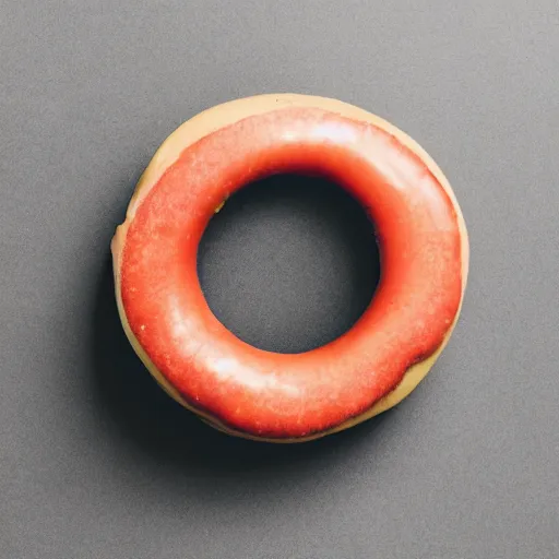 Image similar to Perfectly circular donut!!!!! in the style and shape of an apple!!!!!!, blended colors!!!!!, trending on artstation, 4k, 8k, professional photography, overhead shot, 35mm lens