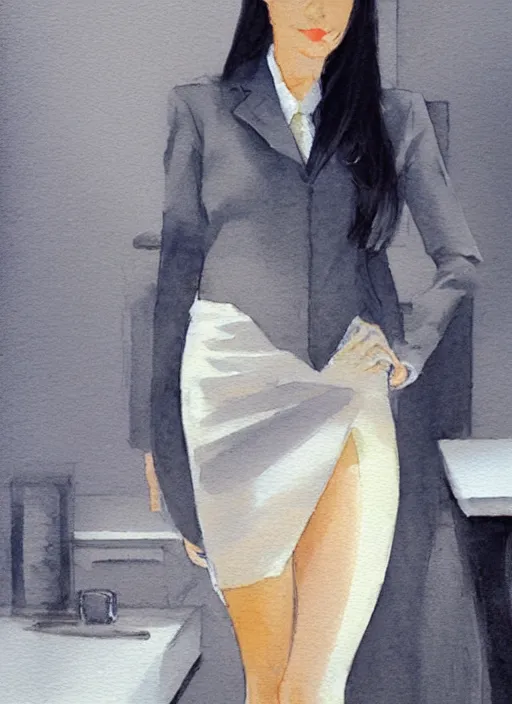 Image similar to concept art of a modern office life, young attractive business woman, pencil miniskirt, pinterest, artstation trending, behance, watercolor, by coby whitmore, silver, laser light,