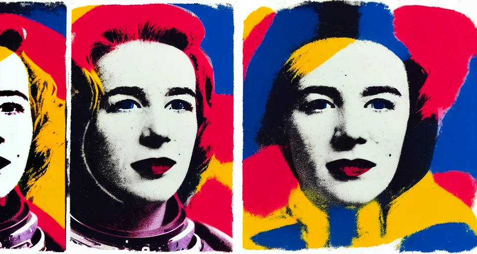 Prompt: a triptych of close up portraits of a very ordinary young woman in a NASA spacesuit, by andy warhol, colorful screenprint and scrawled charcoal lettering, anatomically correct, beautiful perfect face, sharp focus, Highly Detailed, Cinematic Lighting, 8k, HD