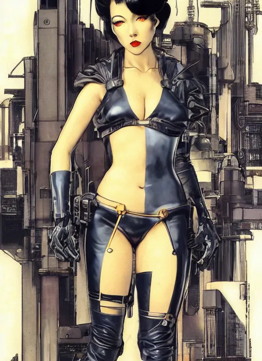 Image similar to selina tanaka. cyberpunk geisha in tactical harness and jumpsuit. dystopian. portrait by stonehouse and mœbius and will eisner and gil elvgren and pixar. realistic proportions. cyberpunk 2 0 7 7, apex, blade runner 2 0 4 9 concept art. cel shading. attractive face. thick lines. moody industrial landscape.