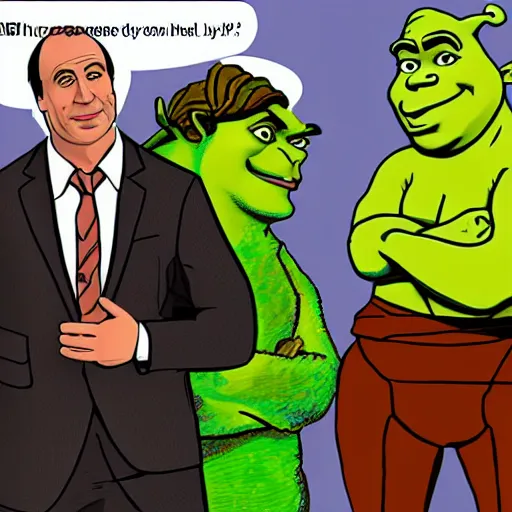 Prompt: Shrek being defended in court by Saul Goodman, detailed hyperrealistic photograph