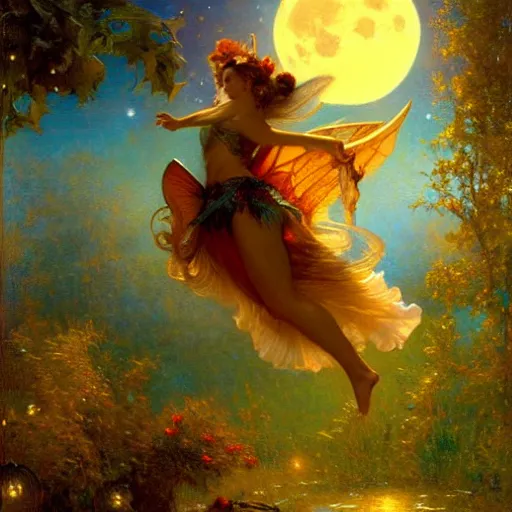 Image similar to attractive fairy magically floating high in the night, fantasy, full moon in background. highly detailed painting by gaston bussiere, craig mullins, j. c. leyendecker, sharp focus, 8 k