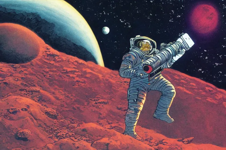 Prompt: an illustration of a space hero with a laser blaster, on a moon with Jupiter filling the background, by bernie wrightson and Moebius, 4k, highly detailed