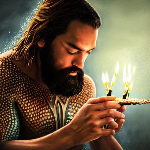 Image similar to intricate five star portrait of aquaman blowing the candle at his birthday, emotion, oil on canvas, hdr, high detail, photo realistic, hyperrealism, matte finish, high contrast, 3 d depth, centered, masterpiece, grainy, tasteful colors, enhanced light effect, enhanced eye detail, artstationhd