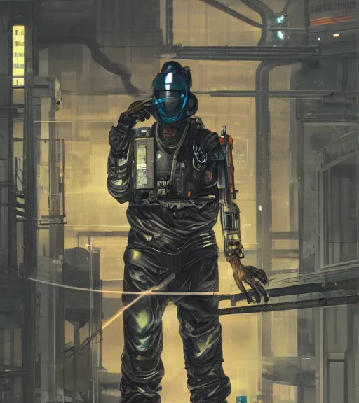 Image similar to realistic cyberpunk japanese engineer with long limbs and a black spacesuit welding a wall, techwear, dead space, visible face, Industrial Scifi, detailed illustration, character portrait, by Martin Grip and Moebius