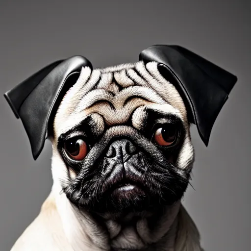 Image similar to portrait of a pug as a rick owens model, darkwear, techwear, goth pug, photo