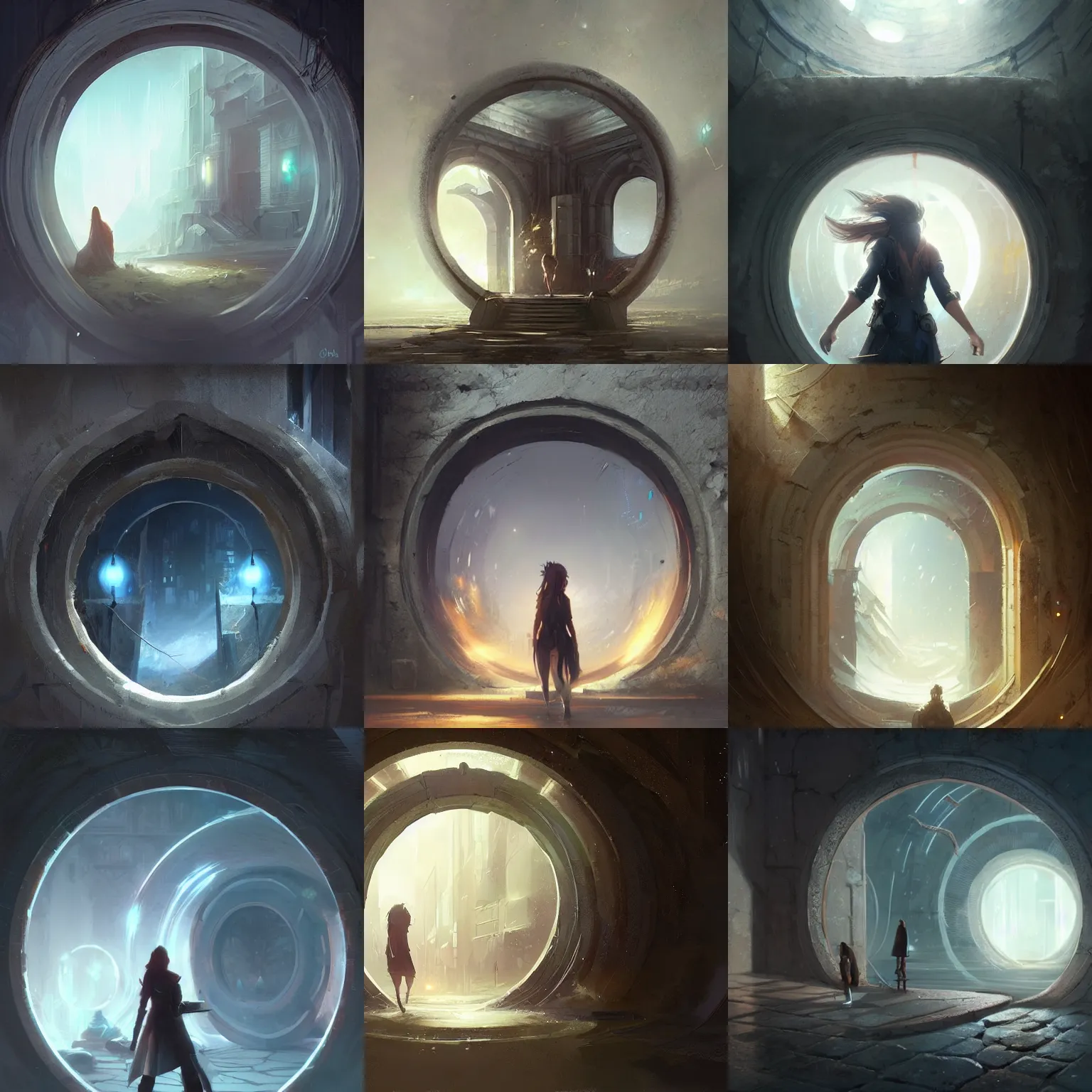 Prompt: wall with a circular magic portal to another world. framed, centralized, ethereal, urban fantasy, smooth, sharp focus, high detailed digital art trending in artstation. artist greg rutkowski