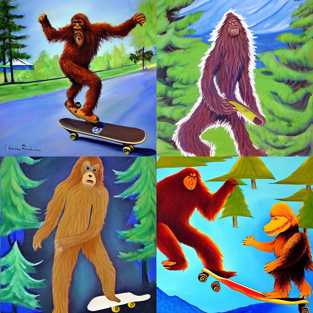 Prompt: a beautiful painting of bigfoot riding a skateboard in MIssoula Montana by Charlie Russell and Monte Dolack