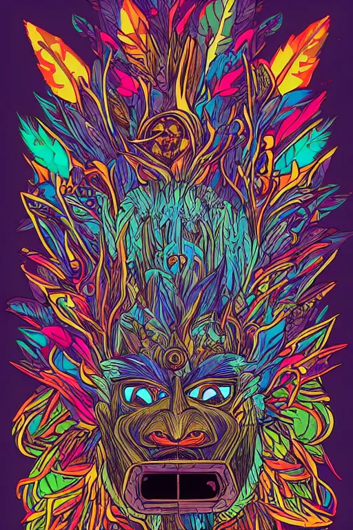 Image similar to animal mask totem roots flower tribal feather gemstone plant wood rock shaman vodoo video game vector cutout illustration vivid multicolor borderlands comics by josan gonzales and dan mumford radiating a glowing aura