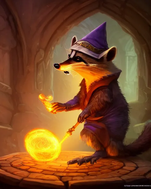 Prompt: closeup 2 8 mm anthropomorphic wizard raccoon casting a spell in a castle, d & d, fantasy, action pose, particle effects, digital painting, concept art, matte, sharp focus, volumetric lighting, illustration, hearthstone, artgerm, moebius, wlop, craig mullins, alphonse mucha