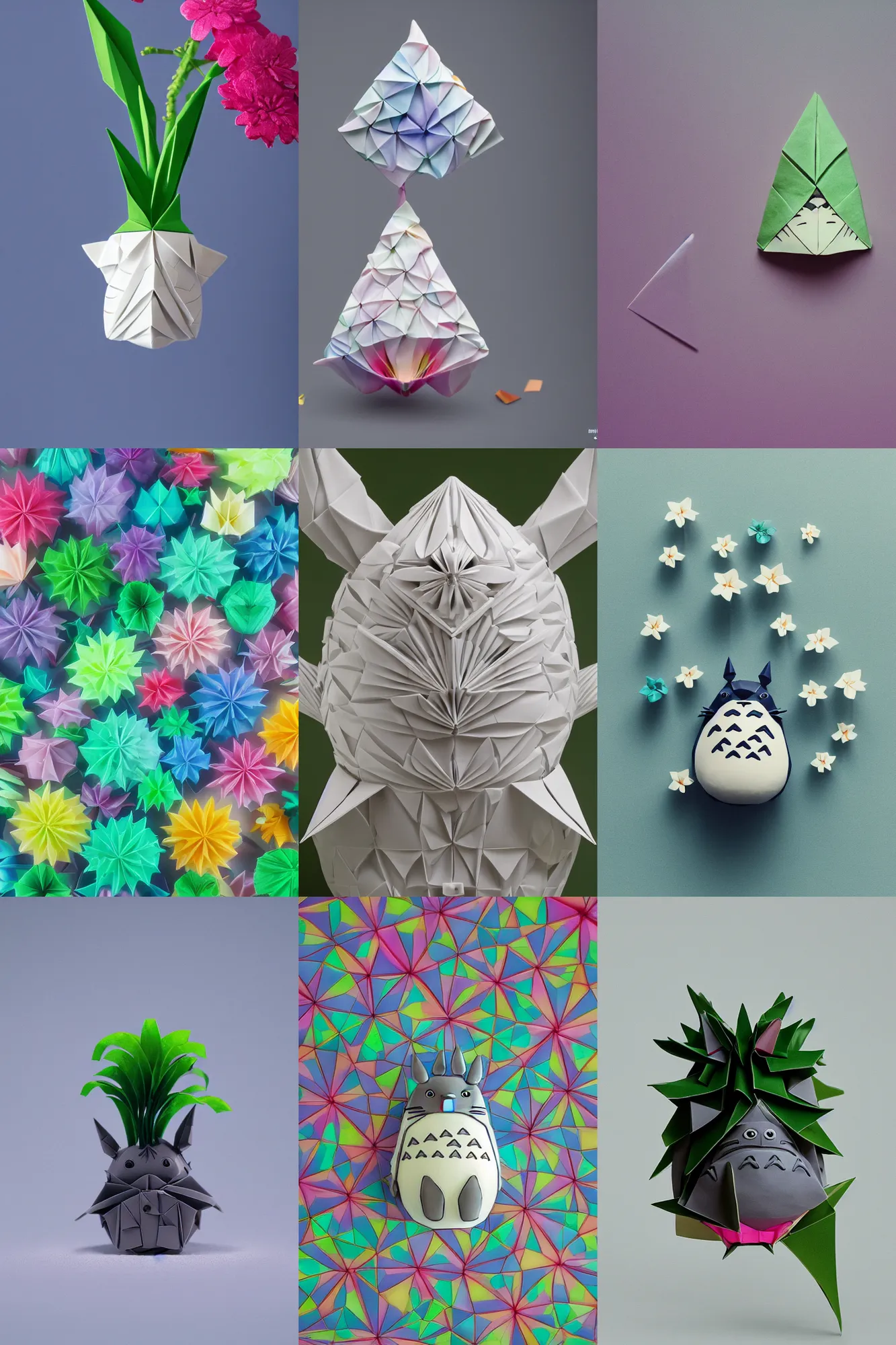 Prompt: totoro in moomi film still with a full still life film still commercial extreme closeup photo of real - life intricate origami rainbow porcelain plant, perfect eyes, tilt shift real - life translucent glass zaha hadid origami flower background, cinestill, 8 k