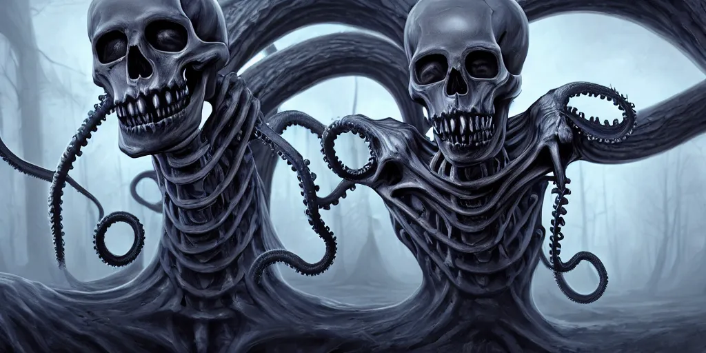 Image similar to a human skeleton slowly transforming into a tentacle monster, matte oil painting, concept art, dnd, clear, crisp, sharp, bones, eldritch, award - winning, extremely detailed, 4 k, 8 k