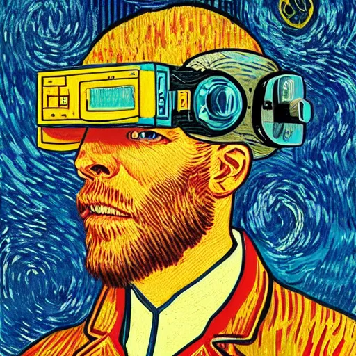 Prompt: Illustrated by Shepard Fairey and H.R. Geiger | Cyberpunk VAn Gogh with VR helmet, surrounded by cables