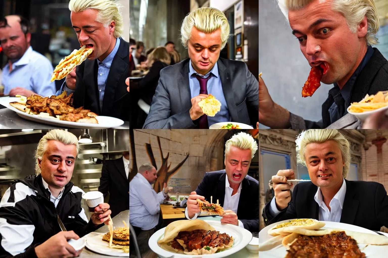 Prompt: Geert Wilders eating a donner kebap in berlin