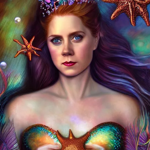 Image similar to amy adams portrait, fantasy, mermaid, hyperrealistic, game character, underwater, highly detailed, sharp focus, cinematic lighting, pearls, glowing hair, shells, gills, crown, water, highlights, starfish, jewelry, realistic, digital art, pastel, magic, fiction, ocean, king, colorful hair, sparkly eyes, fish, heroic, goddess, waves, bubbles, queen