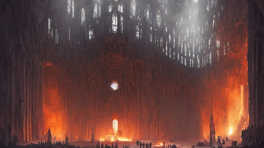 Prompt: an obsidian Sagrada Família cathedral with a giant obsidian door, in the elemental plane of fire, Dungeon and Dragon illustration, painted by Greg Rutkowski, 4k, trending on ArtStation