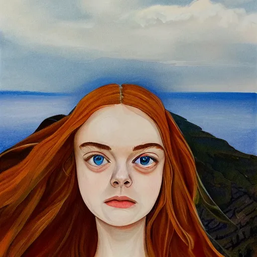 Image similar to professional painting of Elle Fanning in Santorini in the style of Peter Zumthor, head and shoulders portrait, symmetrical facial features, smooth, sharp focus, illustration, intricate, stormy weather, extremely detailed masterpiece,