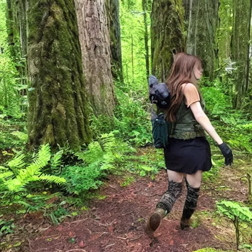 Prompt: trailcam footage of a catgirl egirl following you in the forest