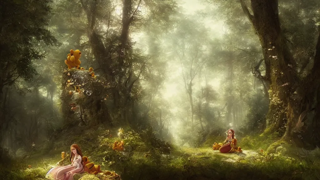 Image similar to elven princess sitting with a giant winnie the pooh in the melancholy forest. andreas achenbach, artgerm, mikko lagerstedt, zack snyder, tokujin yoshioka