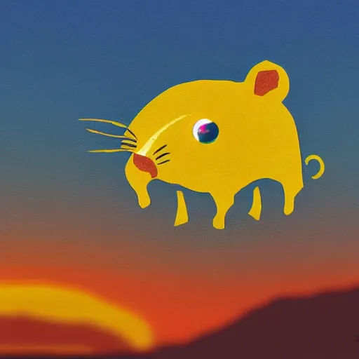 Image similar to rat made of slices of cheese with a sunset in the background, digital art