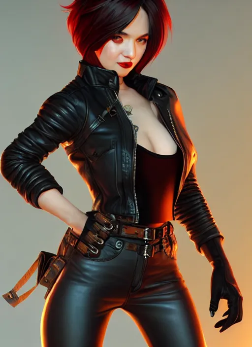 Image similar to rogue, leather bandit outfit!!! beautiful and athletic short hair female!! gorgeous face and eyes!! character concept art, sharp focus, octane render! unreal engine 5! highly rendered!! trending on artstation!! detailed linework!! illustration by artgerm, wlop, and chie yoshii